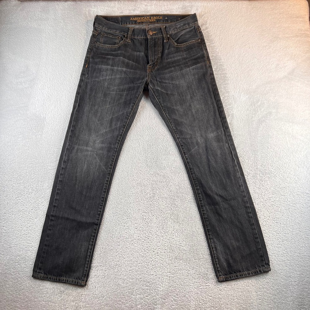 American Eagle Slim Straight Mens Faded Black Denim Jeans 30x32 (Fits 32x29.5")